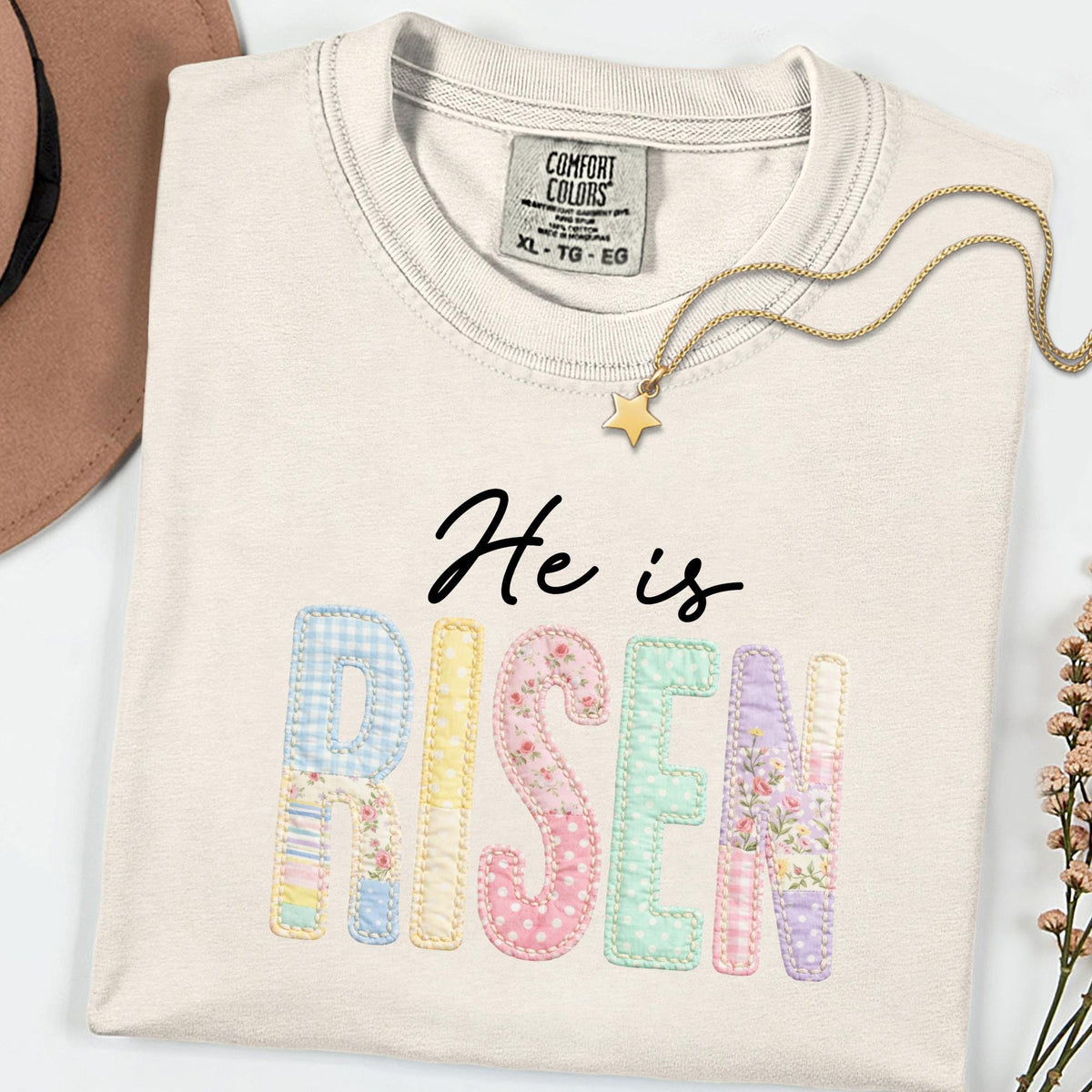 Comfort Colors He Is Risen Shirt, Faux Patchwork Quilted Christian Easter Tee, Retro Faith Graphic T-Shirt, Religious Spring Gift for Women