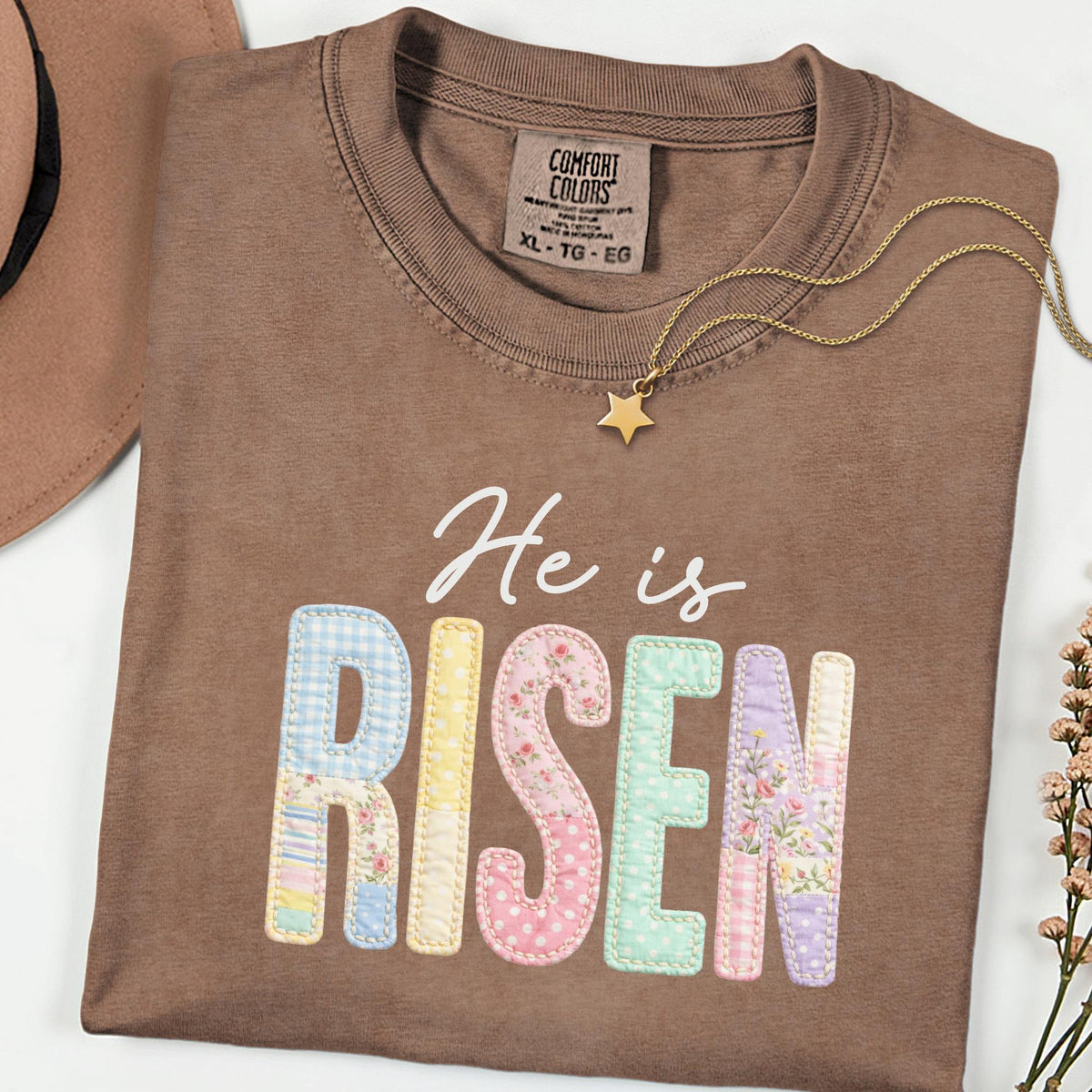 Comfort Colors He Is Risen Shirt, Faux Patchwork Quilted Christian Easter Tee, Retro Faith Graphic T-Shirt, Religious Spring Gift for Women