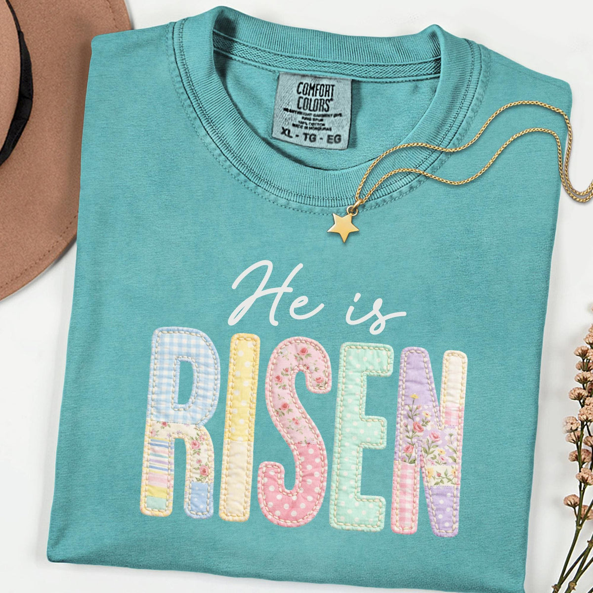 Comfort Colors He Is Risen Shirt, Faux Patchwork Quilted Christian Easter Tee, Retro Faith Graphic T-Shirt, Religious Spring Gift for Women