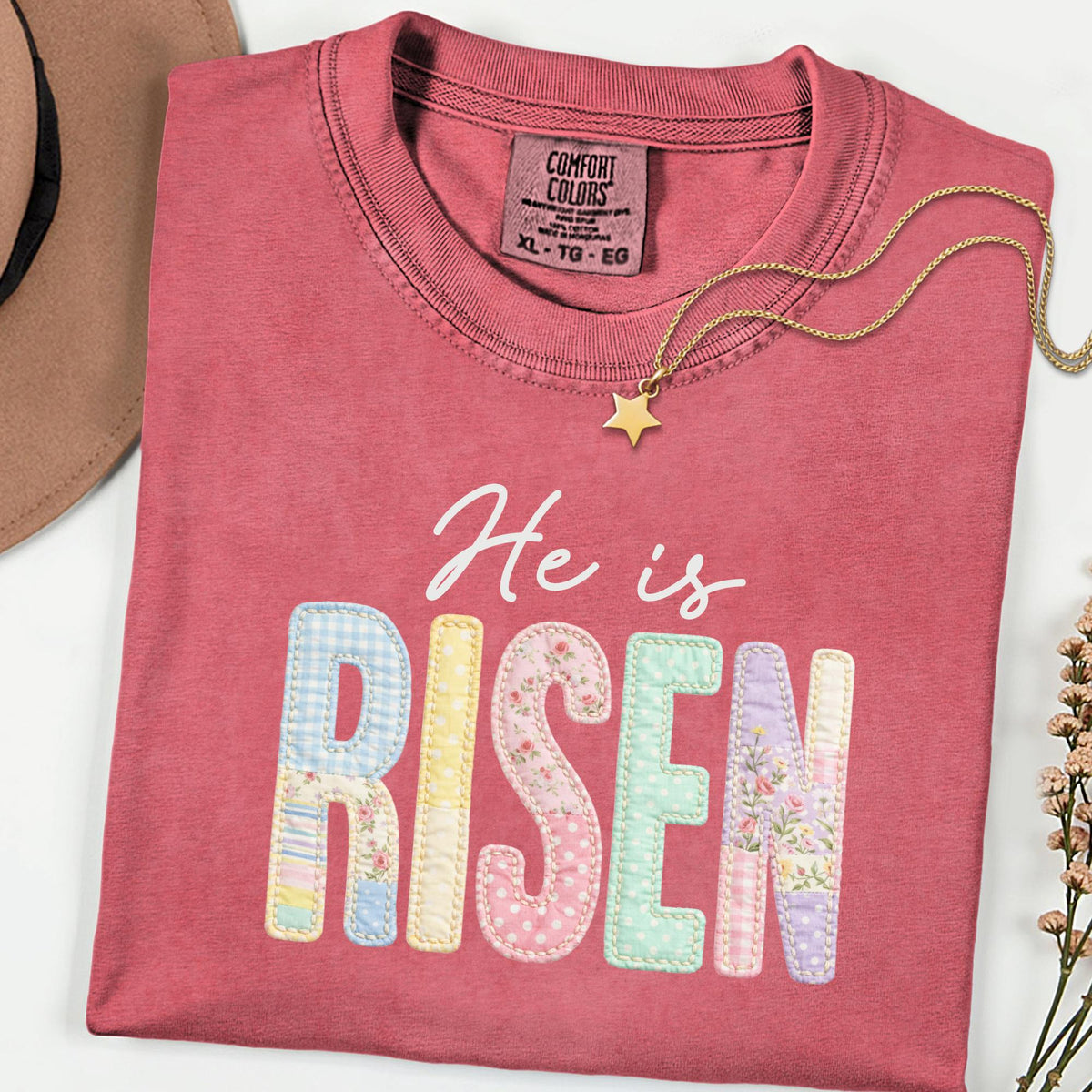 Comfort Colors He Is Risen Shirt, Faux Patchwork Quilted Christian Easter Tee, Retro Faith Graphic T-Shirt, Religious Spring Gift for Women