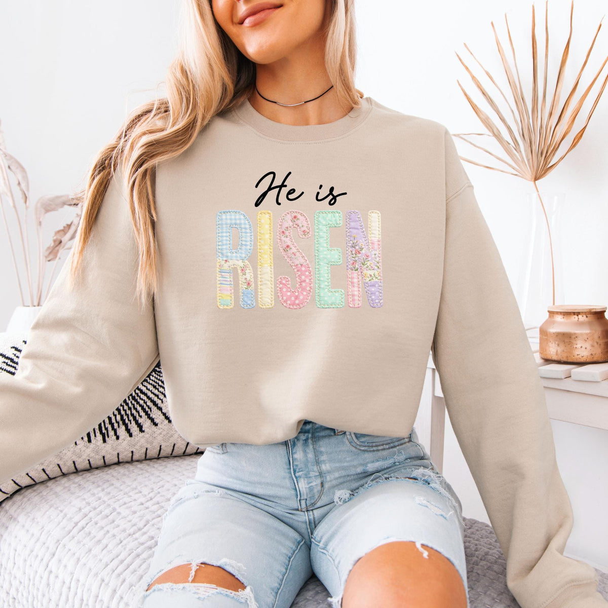 He Is Risen Faux Patchwork Sweatshirt, Retro Quilted Christian Easter Crewneck, Preppy Faith Hoodie, Religious Spring Gift for Women