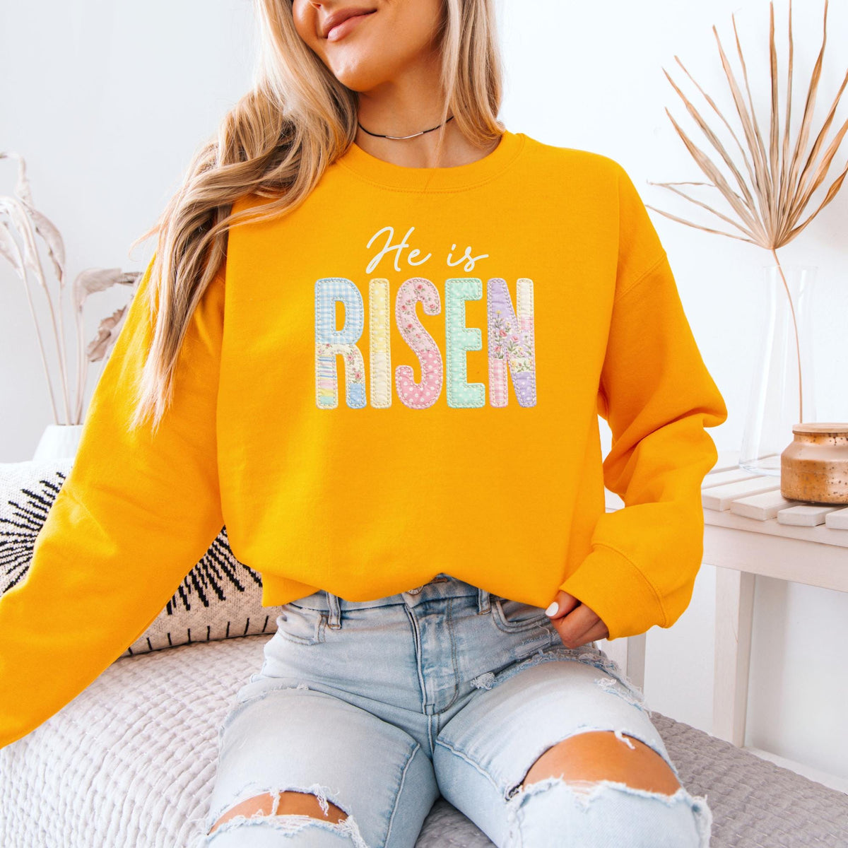 He Is Risen Faux Patchwork Sweatshirt, Retro Quilted Christian Easter Crewneck, Preppy Faith Hoodie, Religious Spring Gift for Women