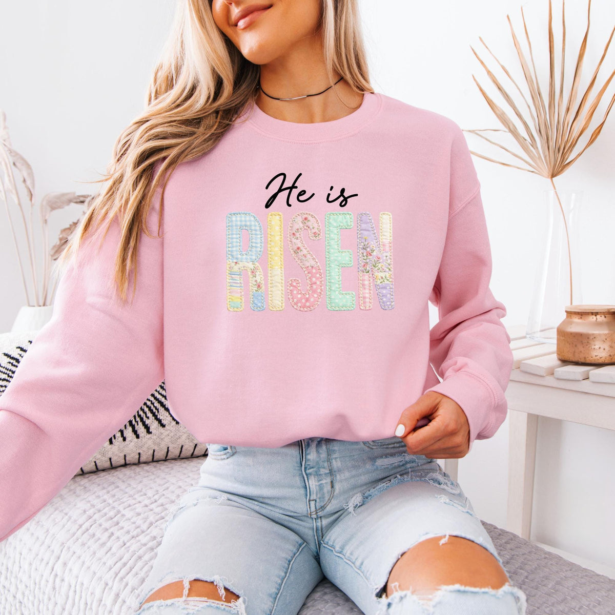He Is Risen Faux Patchwork Sweatshirt, Retro Quilted Christian Easter Crewneck, Preppy Faith Hoodie, Religious Spring Gift for Women