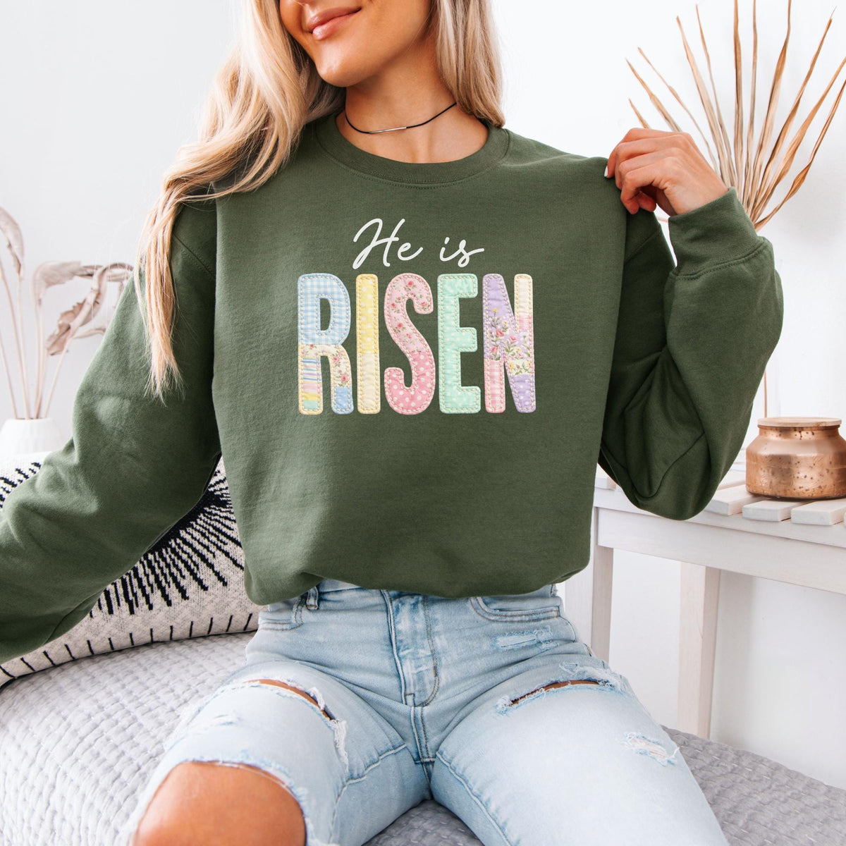 He Is Risen Faux Patchwork Sweatshirt, Retro Quilted Christian Easter Crewneck, Preppy Faith Hoodie, Religious Spring Gift for Women