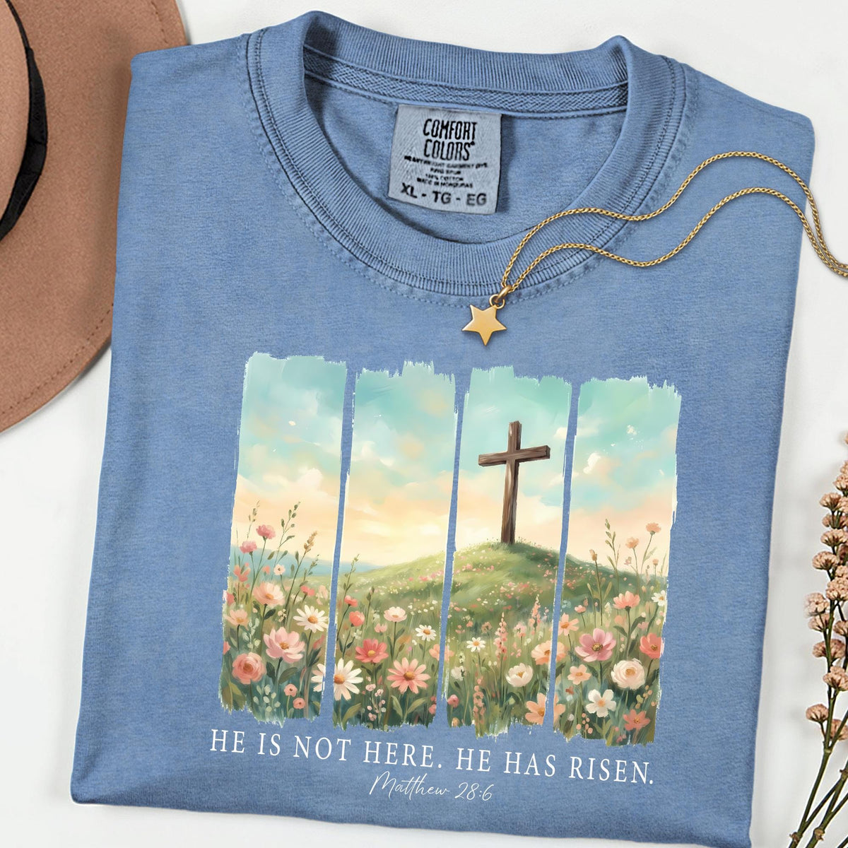 Comfort Colors® He Is Not Here He Has Risen Tee, Floral Christian Easter Shirt, Scripture Faith Graphic, Religious Gift