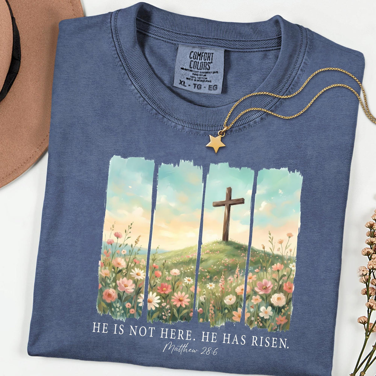 Comfort Colors® He Is Not Here He Has Risen Tee, Floral Christian Easter Shirt, Scripture Faith Graphic, Religious Gift