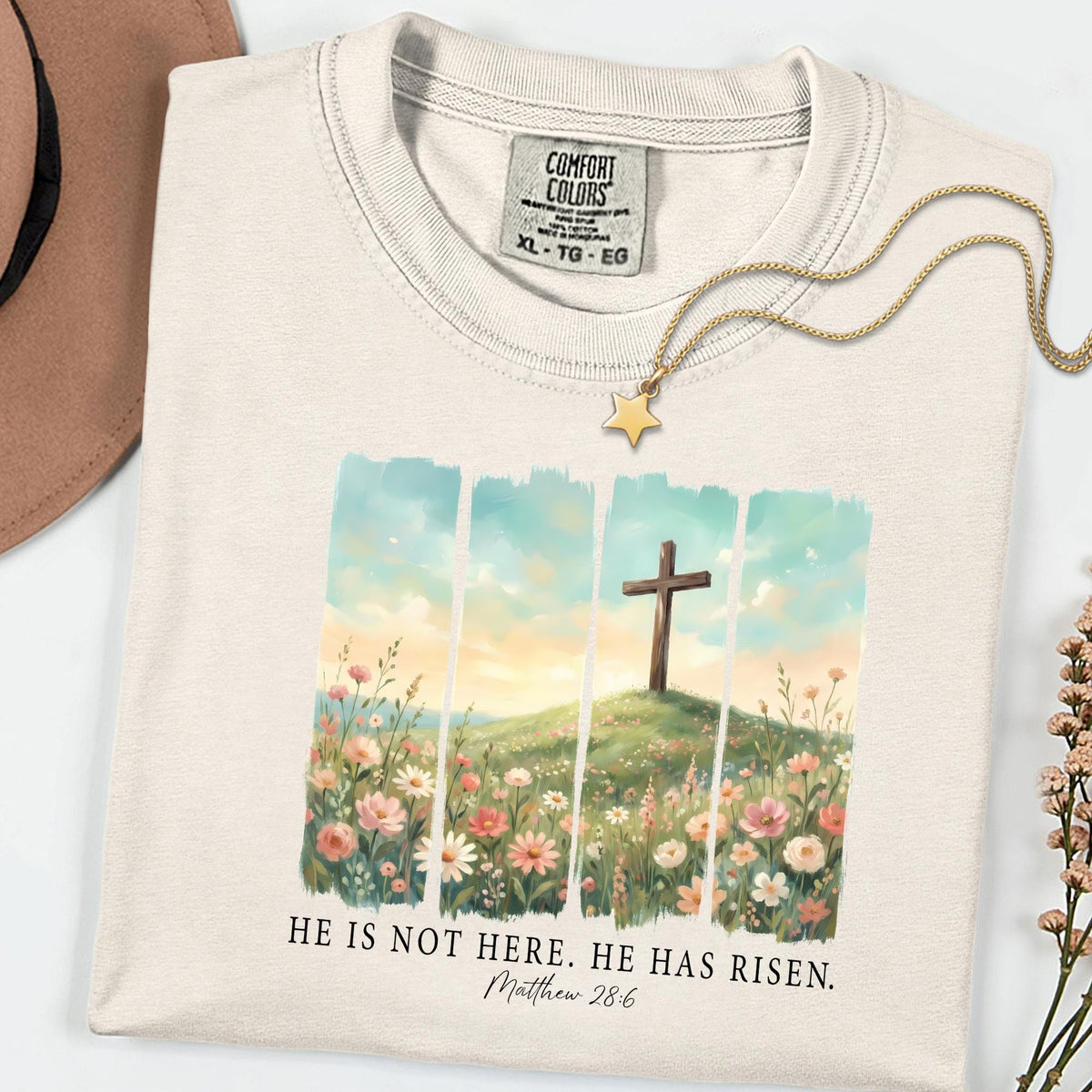 Comfort Colors® He Is Not Here He Has Risen Tee, Floral Christian Easter Shirt, Scripture Faith Graphic, Religious Gift