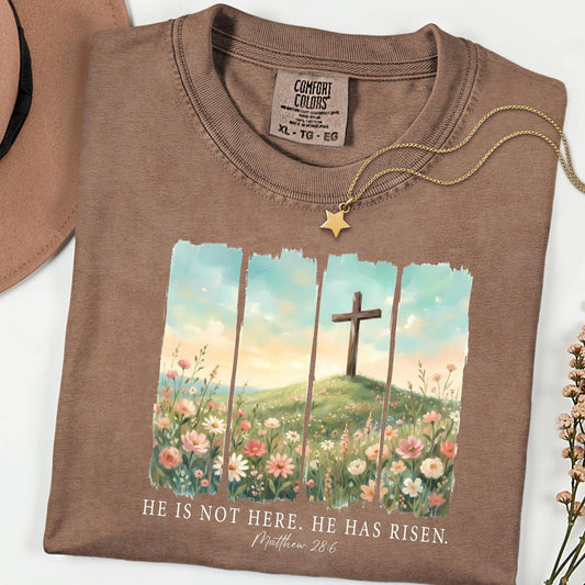 Comfort Colors® He Is Not Here He Has Risen Tee, Floral Christian Easter Shirt, Scripture Faith Graphic, Religious Gift