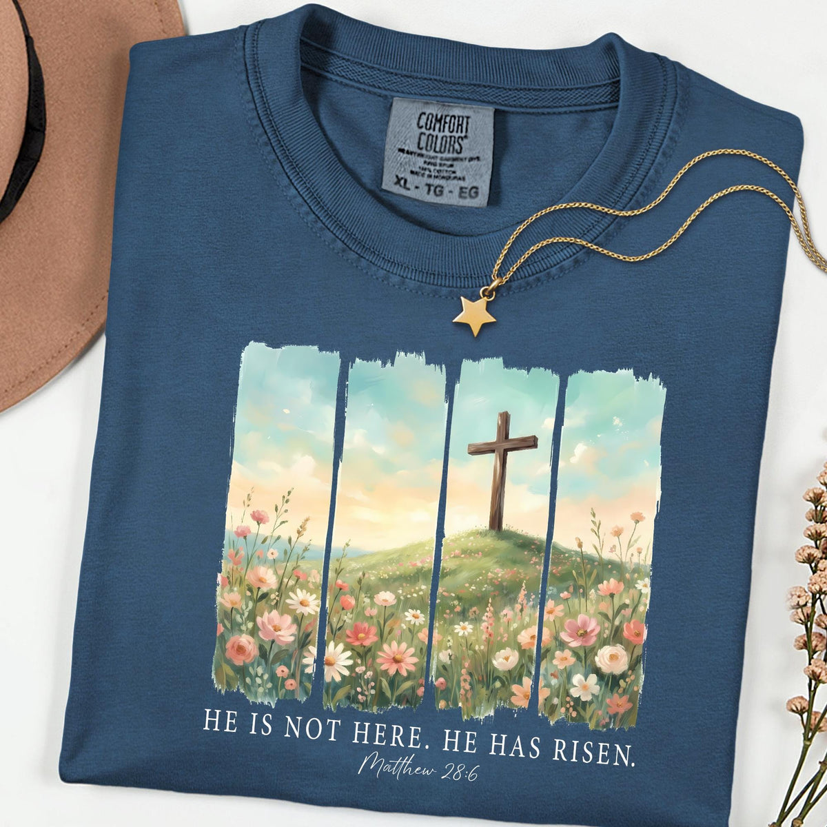 Comfort Colors® He Is Not Here He Has Risen Tee, Floral Christian Easter Shirt, Scripture Faith Graphic, Religious Gift