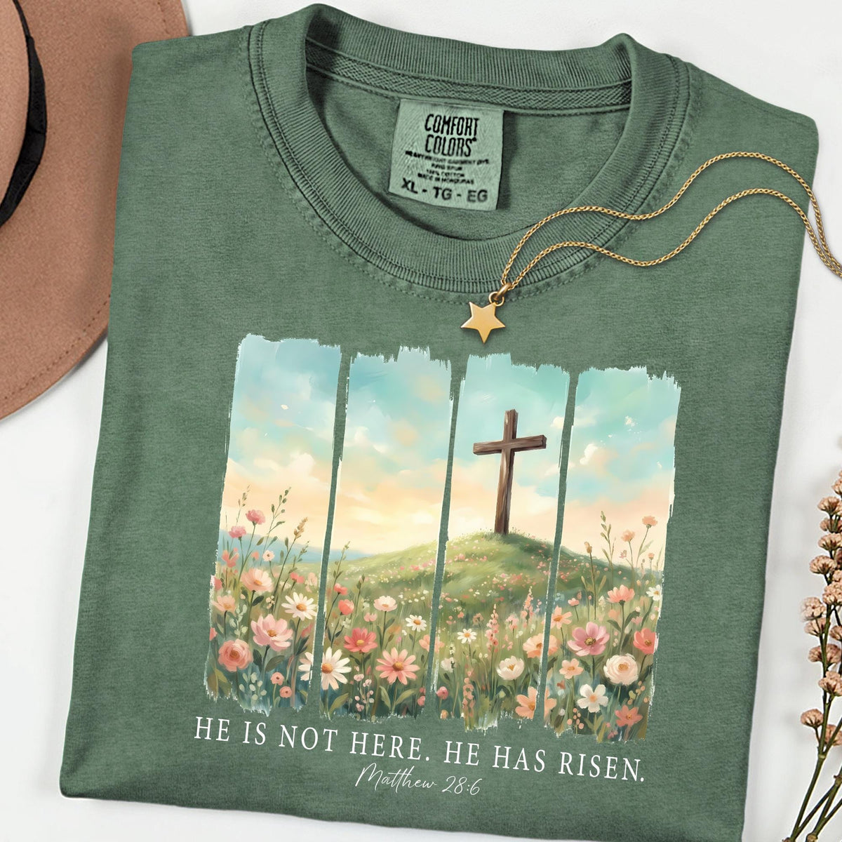 Comfort Colors® He Is Not Here He Has Risen Tee, Floral Christian Easter Shirt, Scripture Faith Graphic, Religious Gift