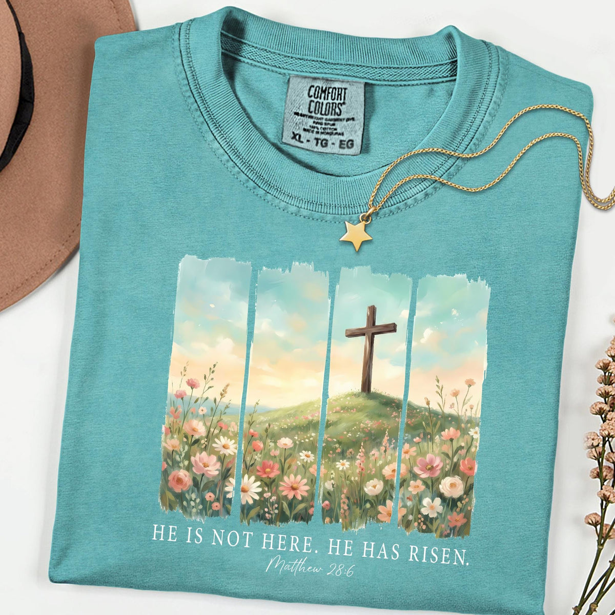 Comfort Colors® He Is Not Here He Has Risen Tee, Floral Christian Easter Shirt, Scripture Faith Graphic, Religious Gift