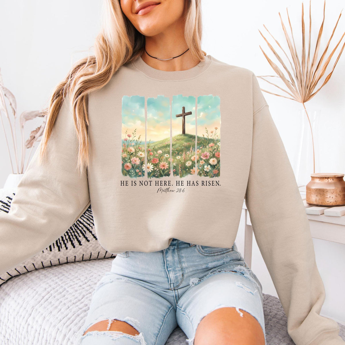 He Is Not Here He Has Risen Sweatshirt,  Christian Easter Bible Verse Crewneck, Faith-Based Jesus Gift, Religious Spring Pullover