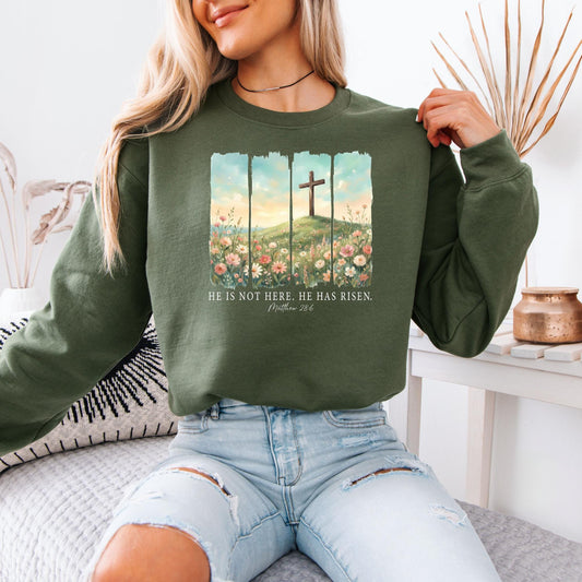 He Is Not Here He Has Risen Sweatshirt,  Christian Easter Bible Verse Crewneck, Faith-Based Jesus Gift, Religious Spring Pullover