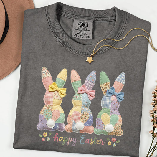 Comfort Colors® Happy Easter Faux Patchwork Bunny Shirt, Spring Bunny Shirt for Women, Easter Gift for Her