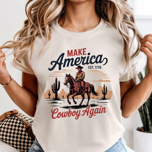 Make America Cowboy Again Shirt, Western 4th of July Shirt, Bucking Bronco Patriotic Tee, Cowboy USA Flag Shirt