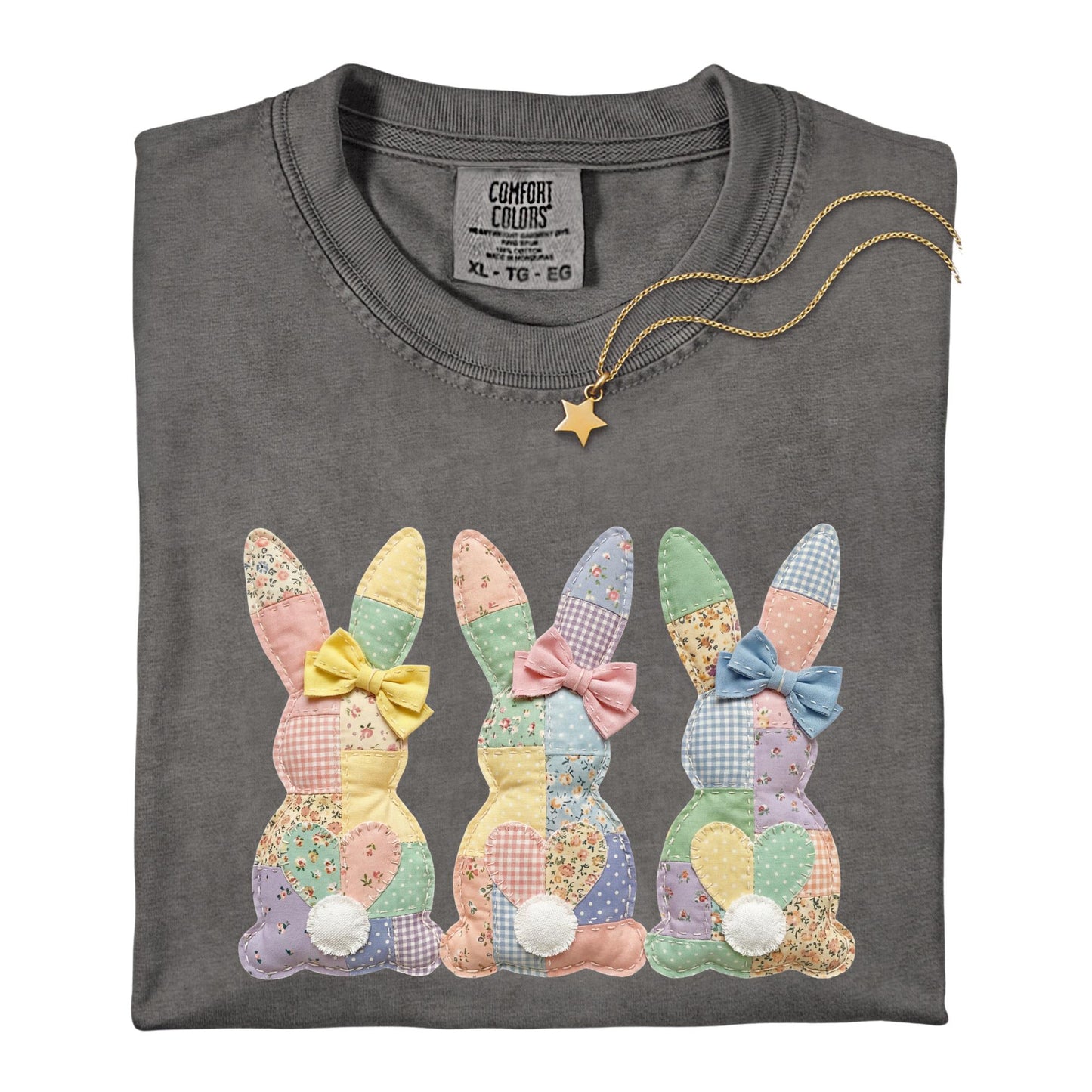 Comfort Colors® Easter Patchwork Bunny Shirt, Coquette Easter Shirt, Floral Faux Patchwork Bunny