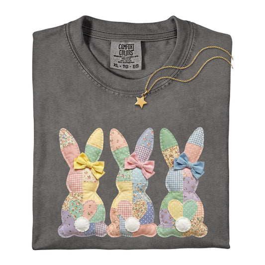 Comfort Colors® Easter Patchwork Bunny Shirt, Coquette Easter Shirt, Floral Faux Patchwork Bunny