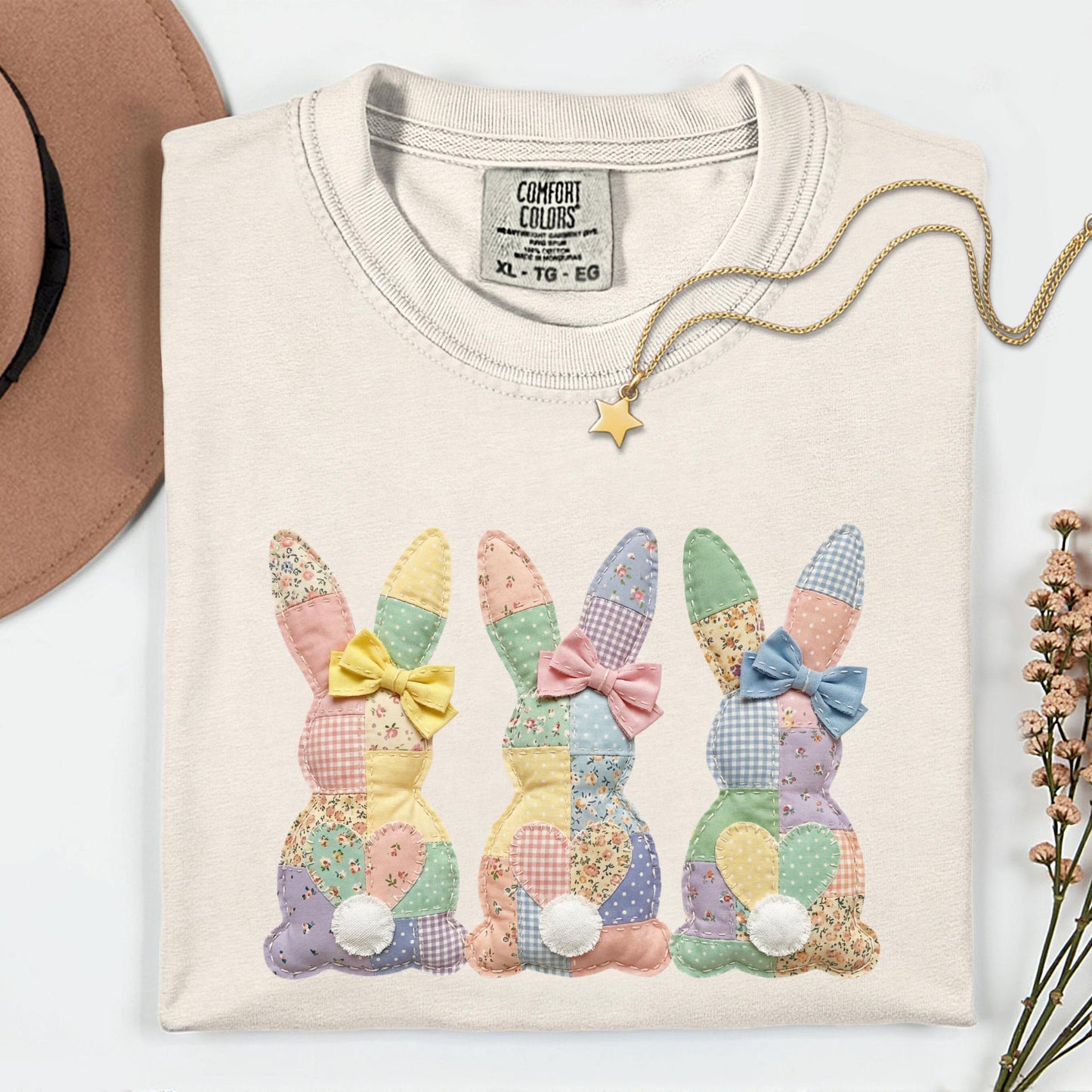 Comfort Colors® Easter Patchwork Bunny Shirt, Coquette Easter Shirt, Floral Faux Patchwork Bunny
