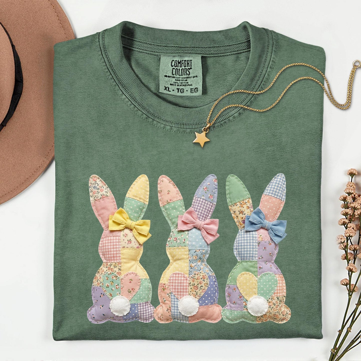 Comfort Colors® Easter Patchwork Bunny Shirt, Coquette Easter Shirt, Floral Faux Patchwork Bunny