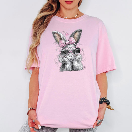 Comfort Colors® Vintage Coquette Bunny Graphic Tee, Heart Sunglasses Rabbit Shirt, Cute Spring Women Top, Pastel Easter Outfit