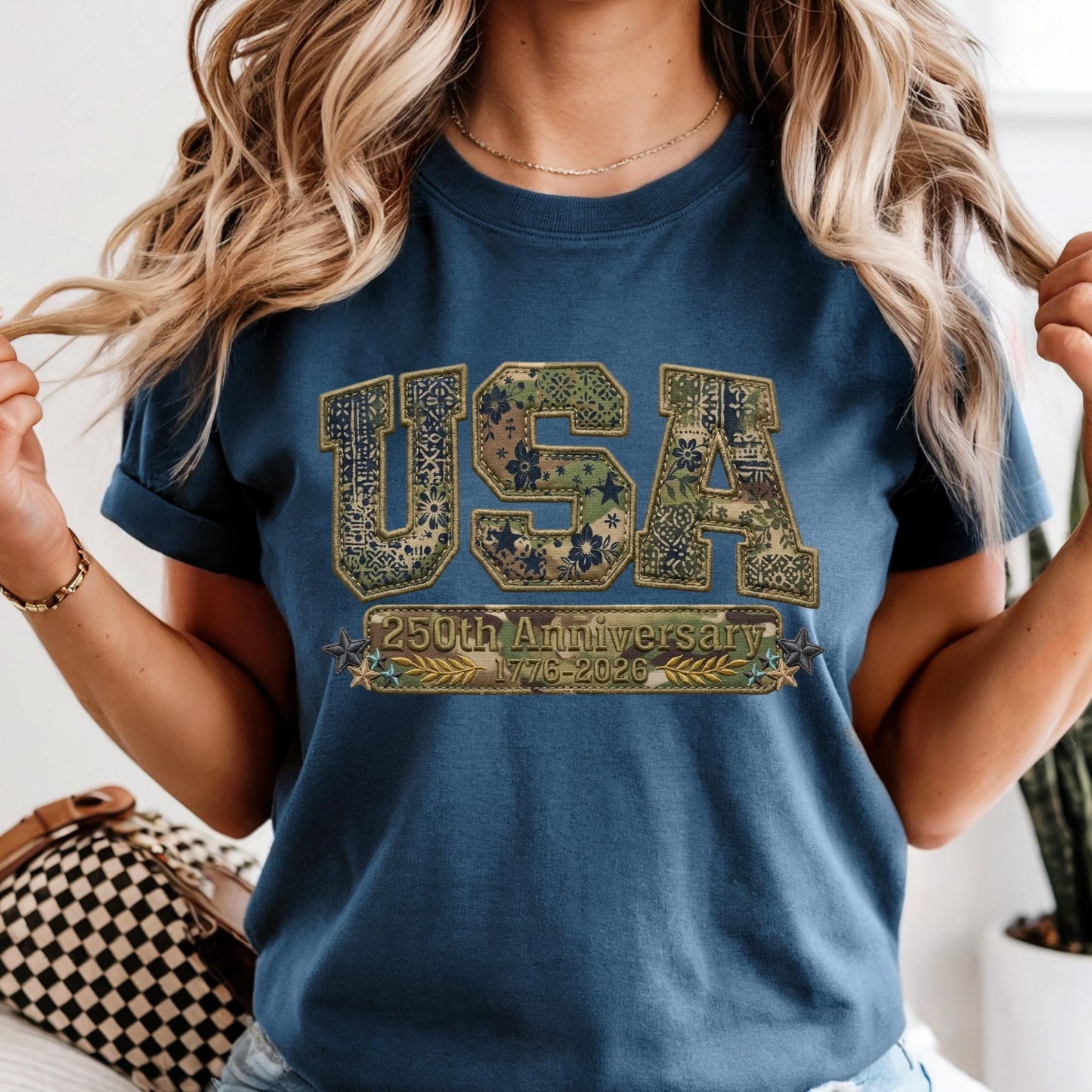 Comfort Colors® Camo USA Shirt, Embroidery-Look Print Patriotic America Shirt, 250th Anniversary Tshirt