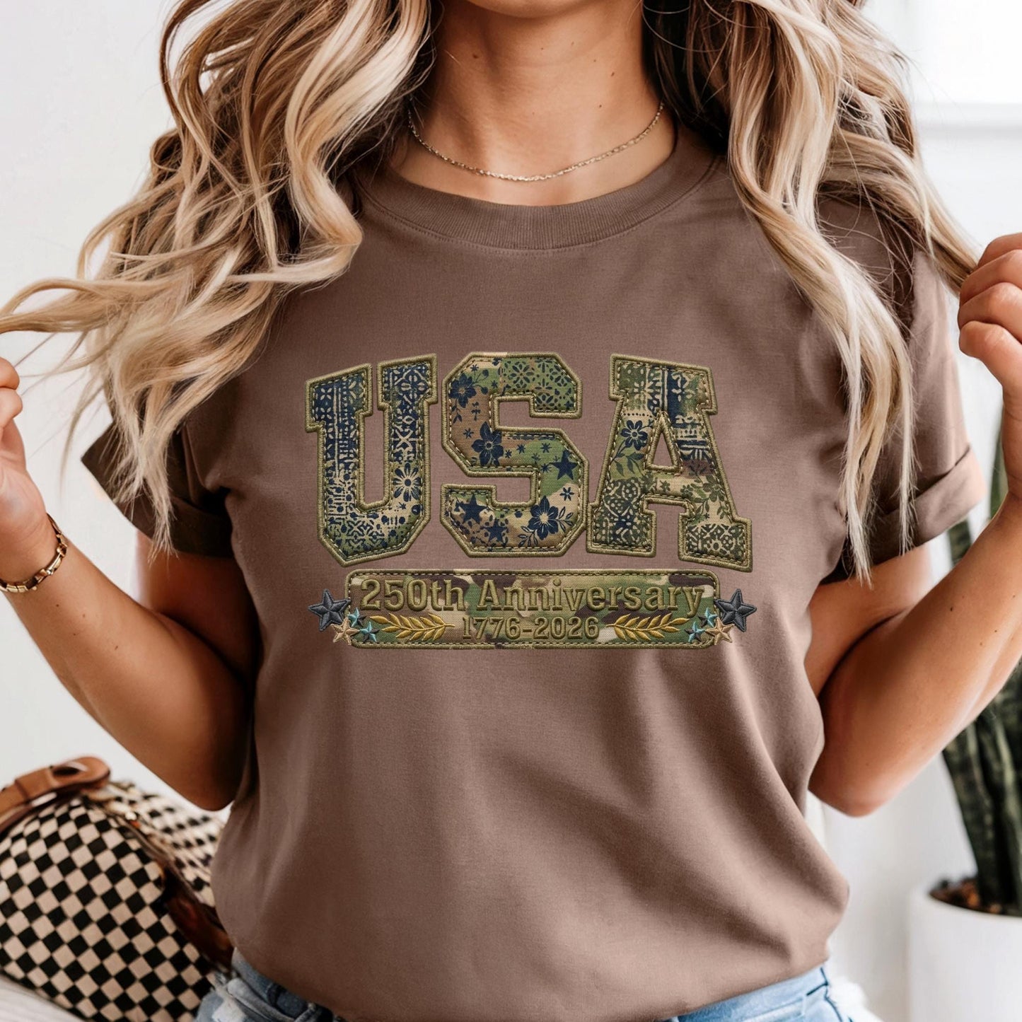 Comfort Colors® Camo USA Shirt, Embroidery-Look Print Patriotic America Shirt, 250th Anniversary Tshirt
