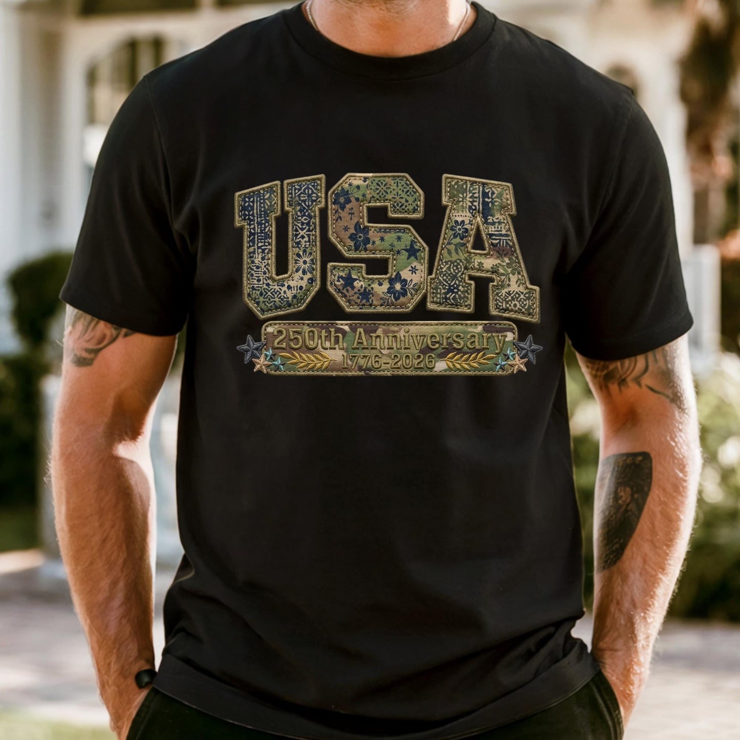 Comfort Colors® Camo USA Shirt, Embroidery-Look Print Patriotic America Shirt, 250th Anniversary Tshirt