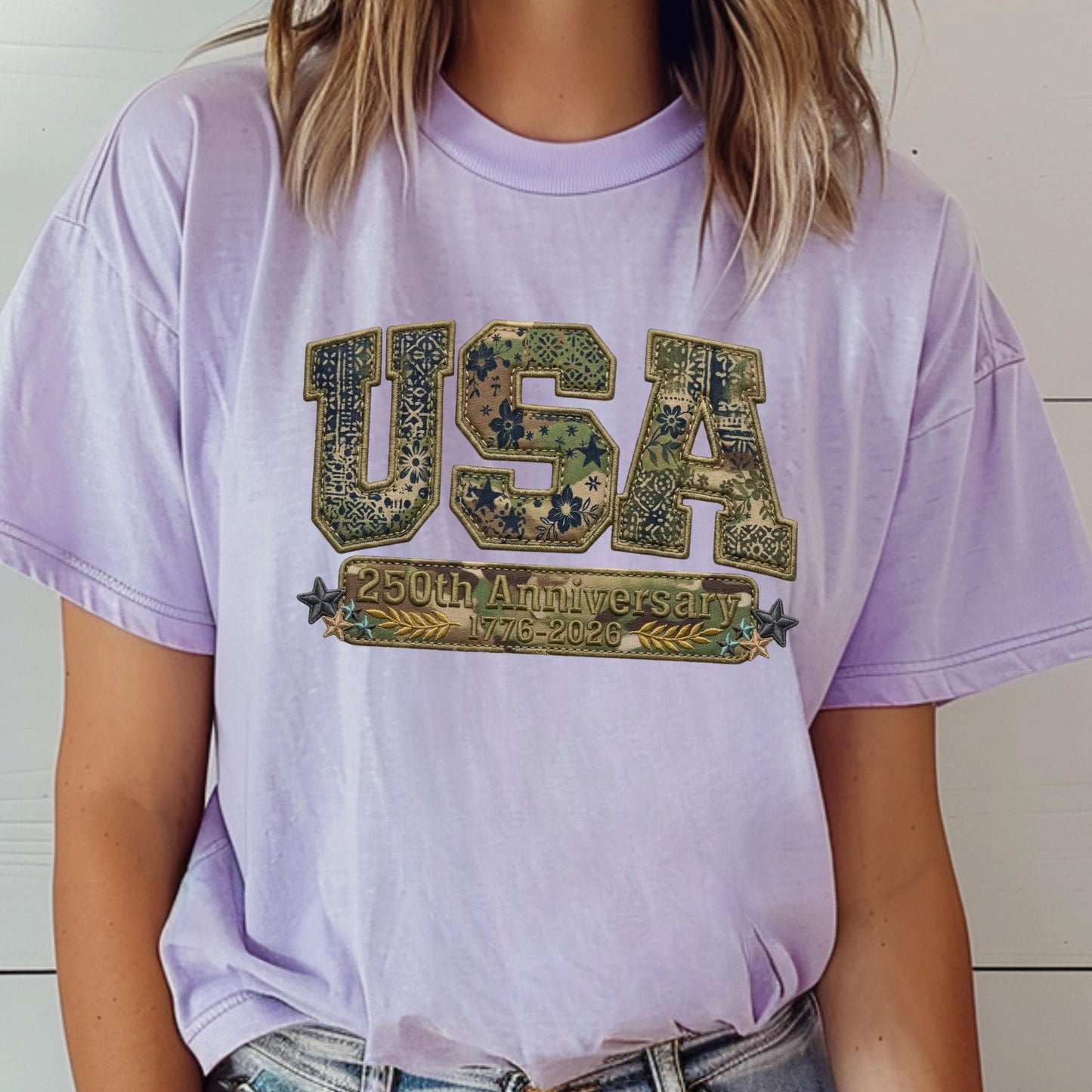 Comfort Colors® Camo USA Shirt, Embroidery-Look Print Patriotic America Shirt, 250th Anniversary Tshirt