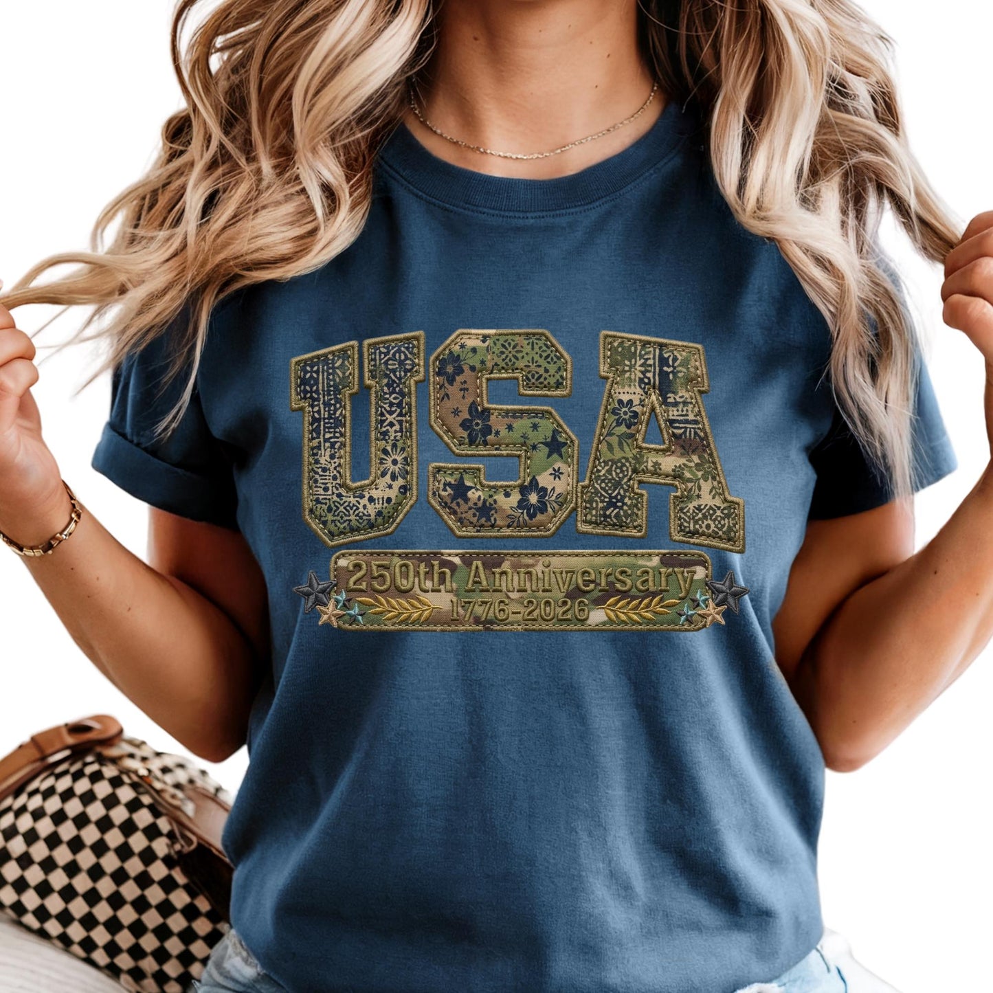 Comfort Colors® Camo USA Shirt, Embroidery-Look Print Patriotic America Shirt, 250th Anniversary Tshirt