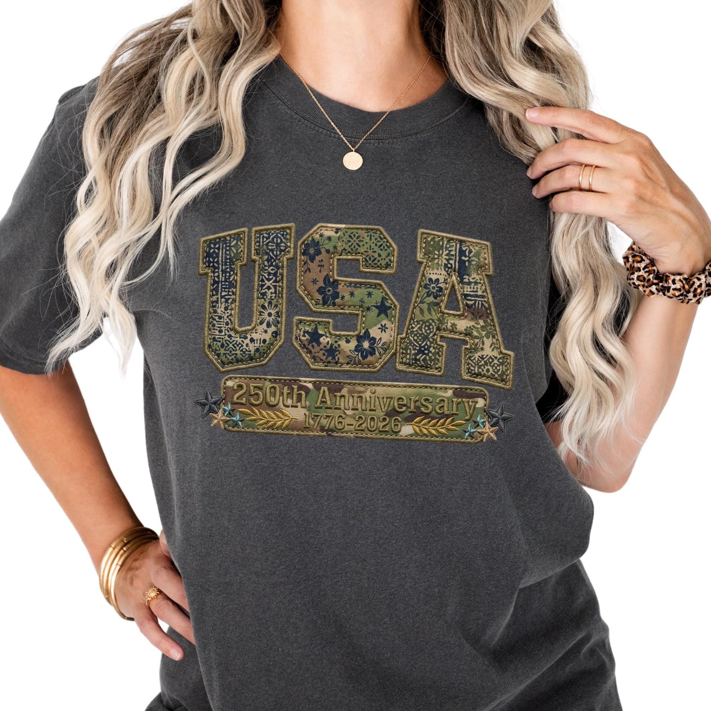 Comfort Colors® Camo USA Shirt, Embroidery-Look Print Patriotic America Shirt, 250th Anniversary Tshirt