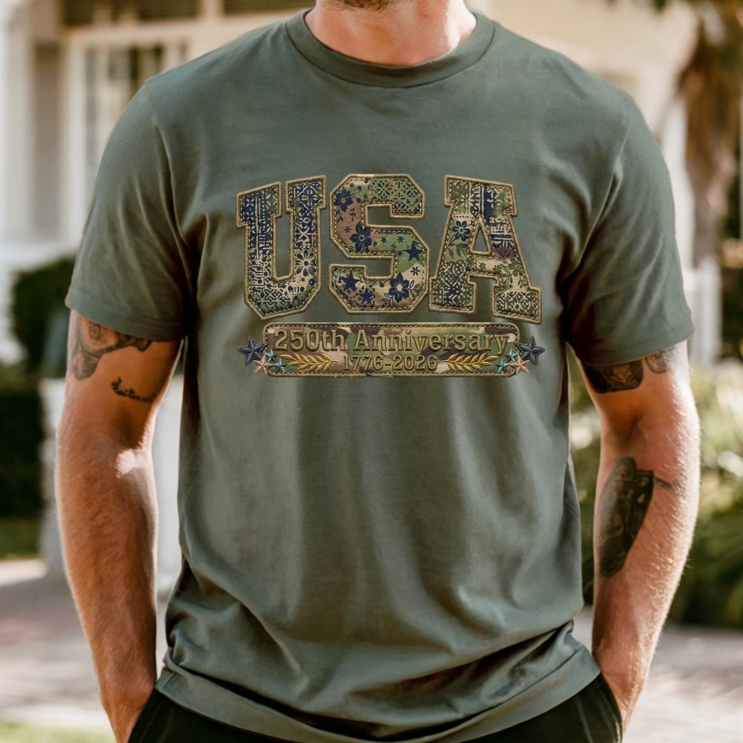 Comfort Colors® Camo USA Shirt, Embroidery-Look Print Patriotic America Shirt, 250th Anniversary Tshirt