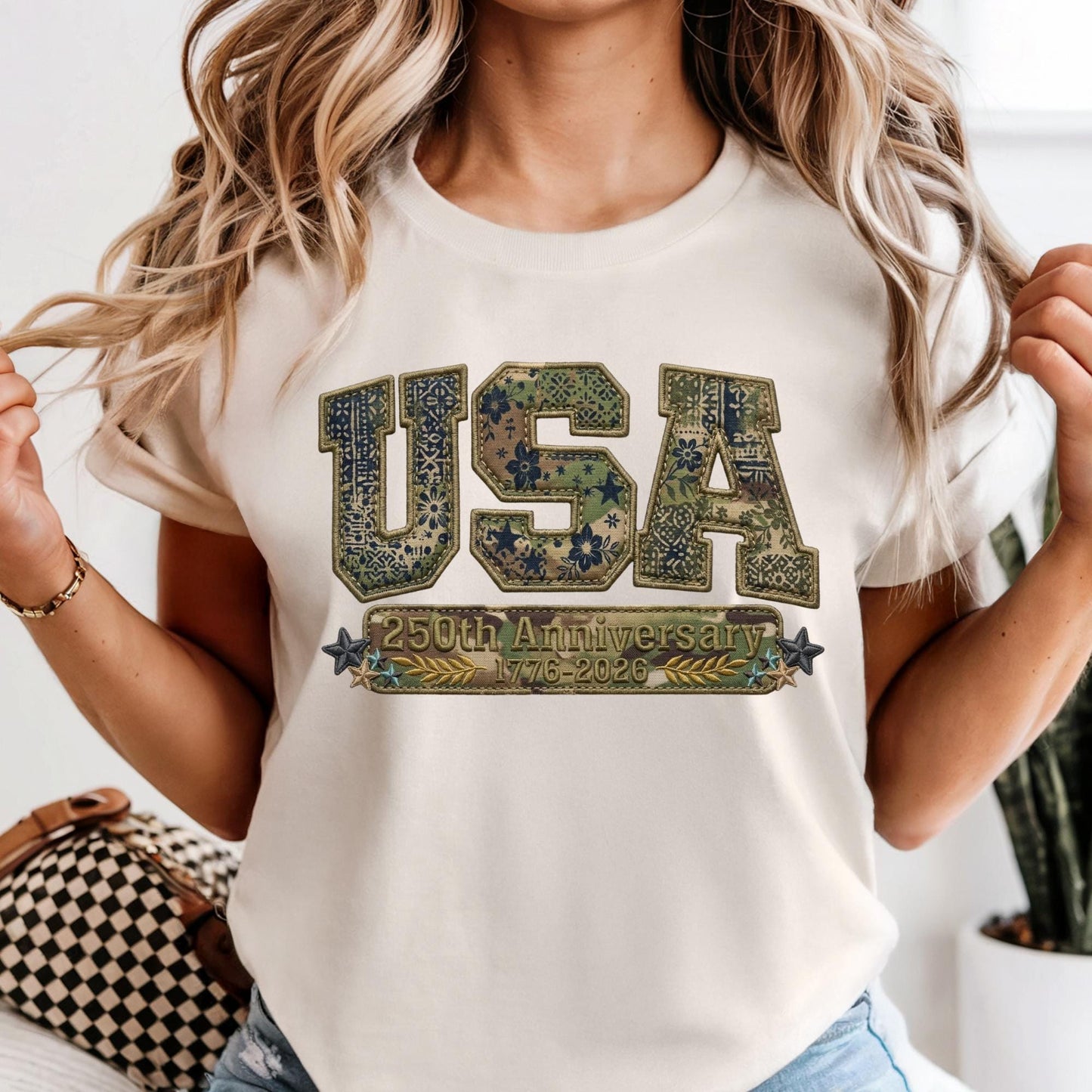 Comfort Colors® Camo USA Shirt, Embroidery-Look Print Patriotic America Shirt, 250th Anniversary Tshirt