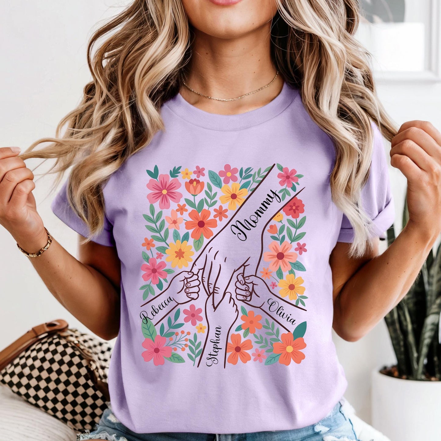 Comfort Colors® Custom Mom Shirt From Children, Personalized Mom & Kids Hands Shirt Boho Floral Tee Mothers Day Gift
