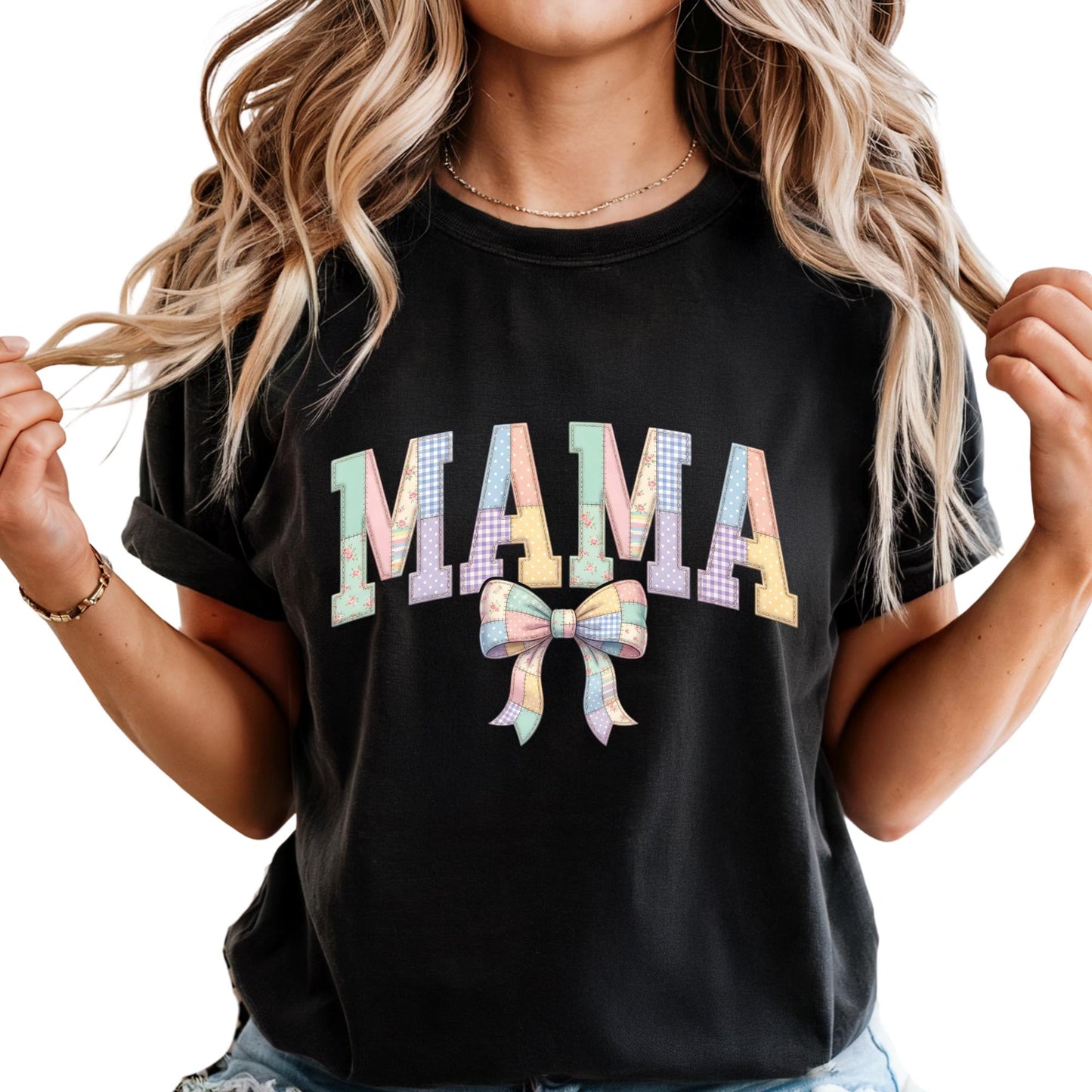 Custom Comfort Colors® Mama Shirt Mothers Day Gift For Mom, Patchwork-Look Mommy Shirts