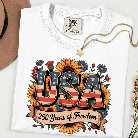 America 250 Years of Freedom Shirt, Retro USA Semi-Quincentennial Tee, Patriotic Sunflower USA Top, Personalized 4th of July 2026 Gift