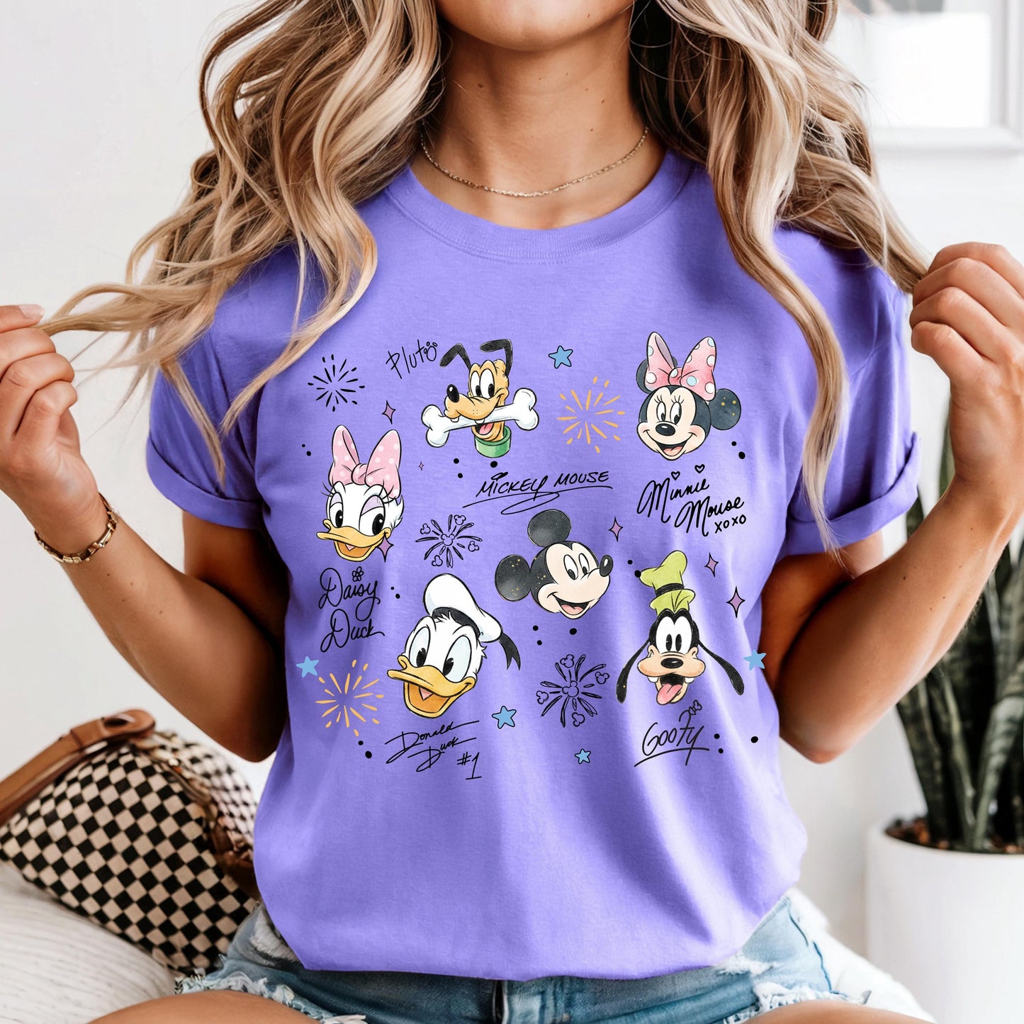 Disney Character Comfort Color Shirt with Mickey and Friends, Retro Sketch Family Vacation Tee, Personalized Magical Kingdom, Vintage Disney