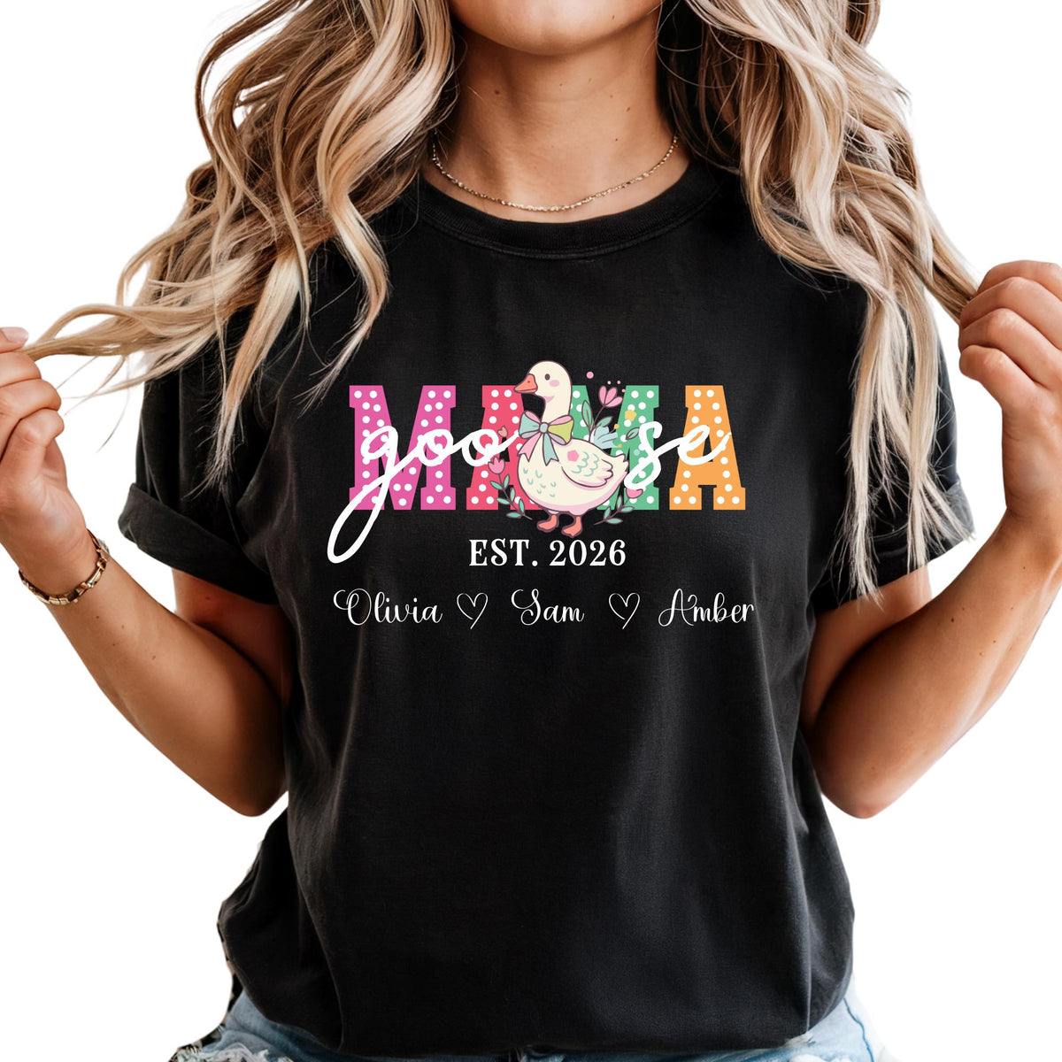 Custom Comfort Colors® Mama Goose Shirt Mothers Day Gift, Mom Duck Shirts Personalized Kids Name Tee