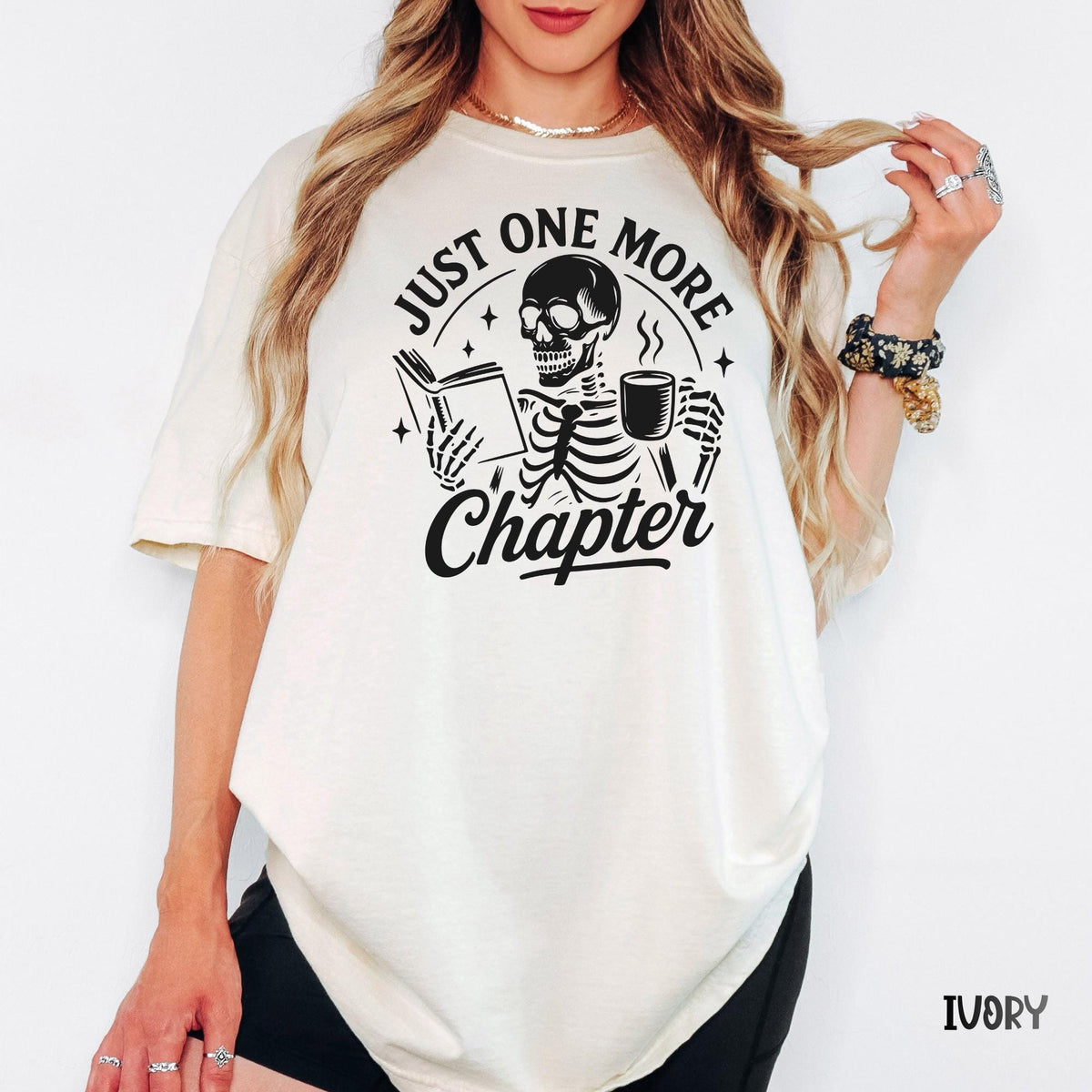 Book Lover Shirt, Comfort Colors® Just One More Chapter Tee, Funny Skeleton Reading T-shirt, Bookworm Gift, Bibliophile Reader Shirt