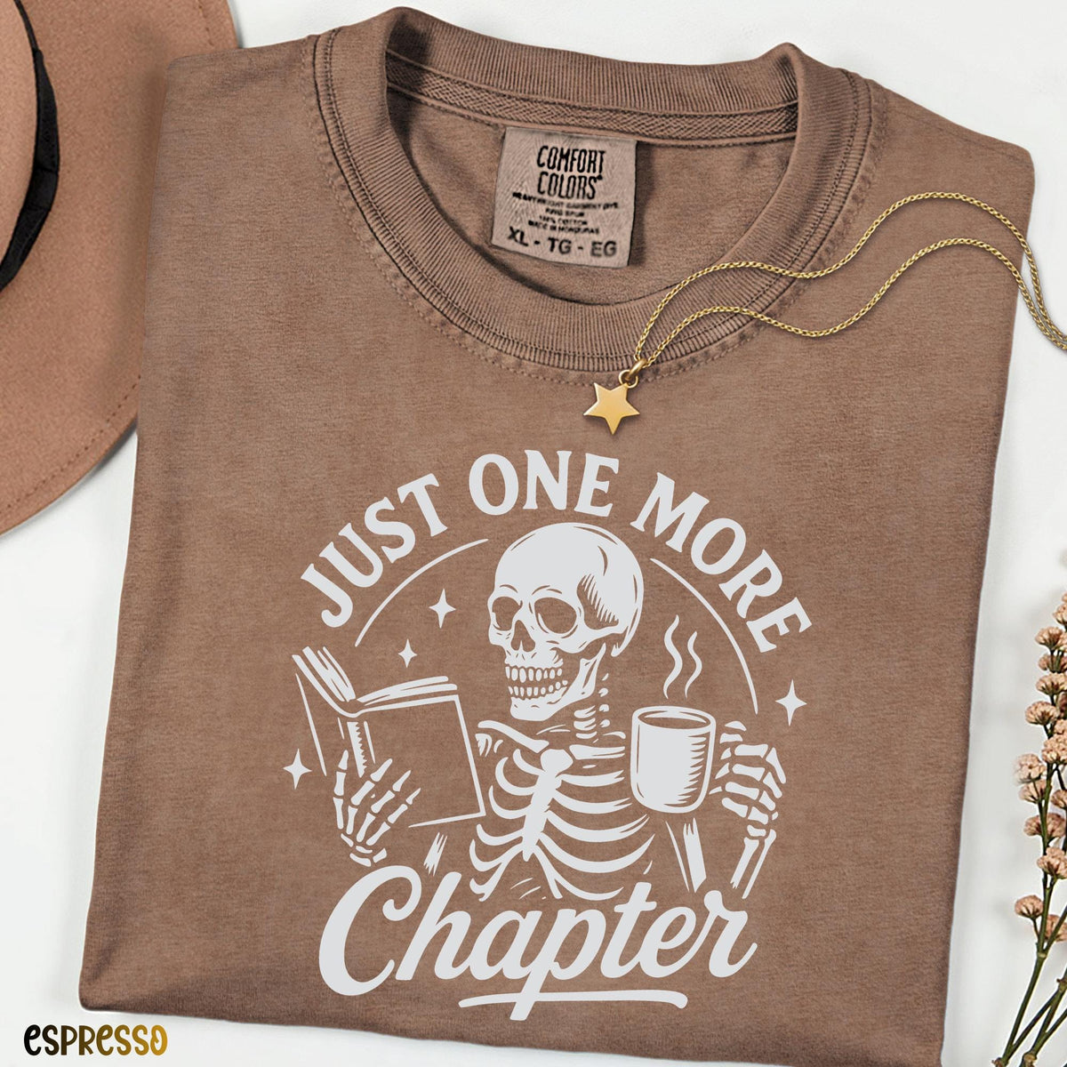 Book Lover Shirt, Comfort Colors® Just One More Chapter Tee, Funny Skeleton Reading T-shirt, Bookworm Gift, Bibliophile Reader Shirt