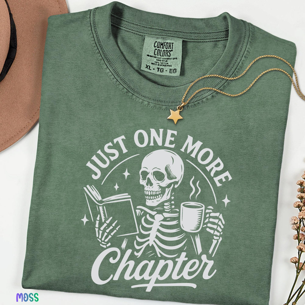 Book Lover Shirt, Comfort Colors® Just One More Chapter Tee, Funny Skeleton Reading T-shirt, Bookworm Gift, Bibliophile Reader Shirt