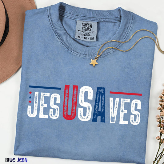 Jesus Saves USA Shirt, JesUSAves Christian Patriotic Tee, Comfort Colors® American Flag Cross T-shirt, 4th of July Religious Gift Tee