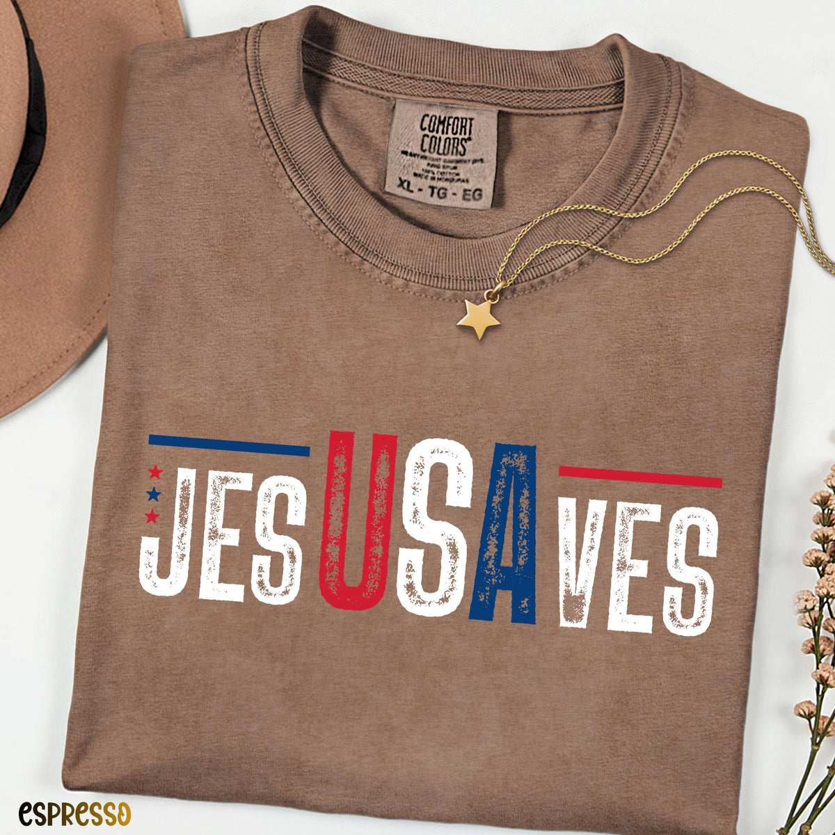 Jesus Saves USA Shirt, JesUSAves Christian Patriotic Tee, Comfort Colors® American Flag Cross T-shirt, 4th of July Religious Gift Tee