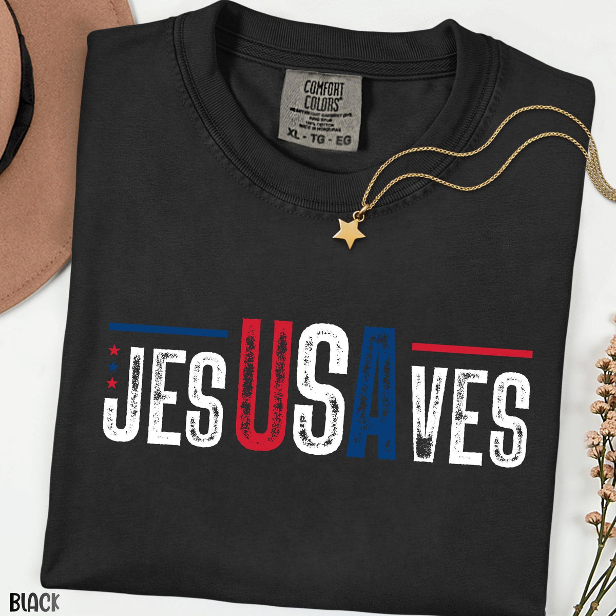 Jesus Saves USA Shirt, JesUSAves Christian Patriotic Tee, Comfort Colors® American Flag Cross T-shirt, 4th of July Religious Gift Tee