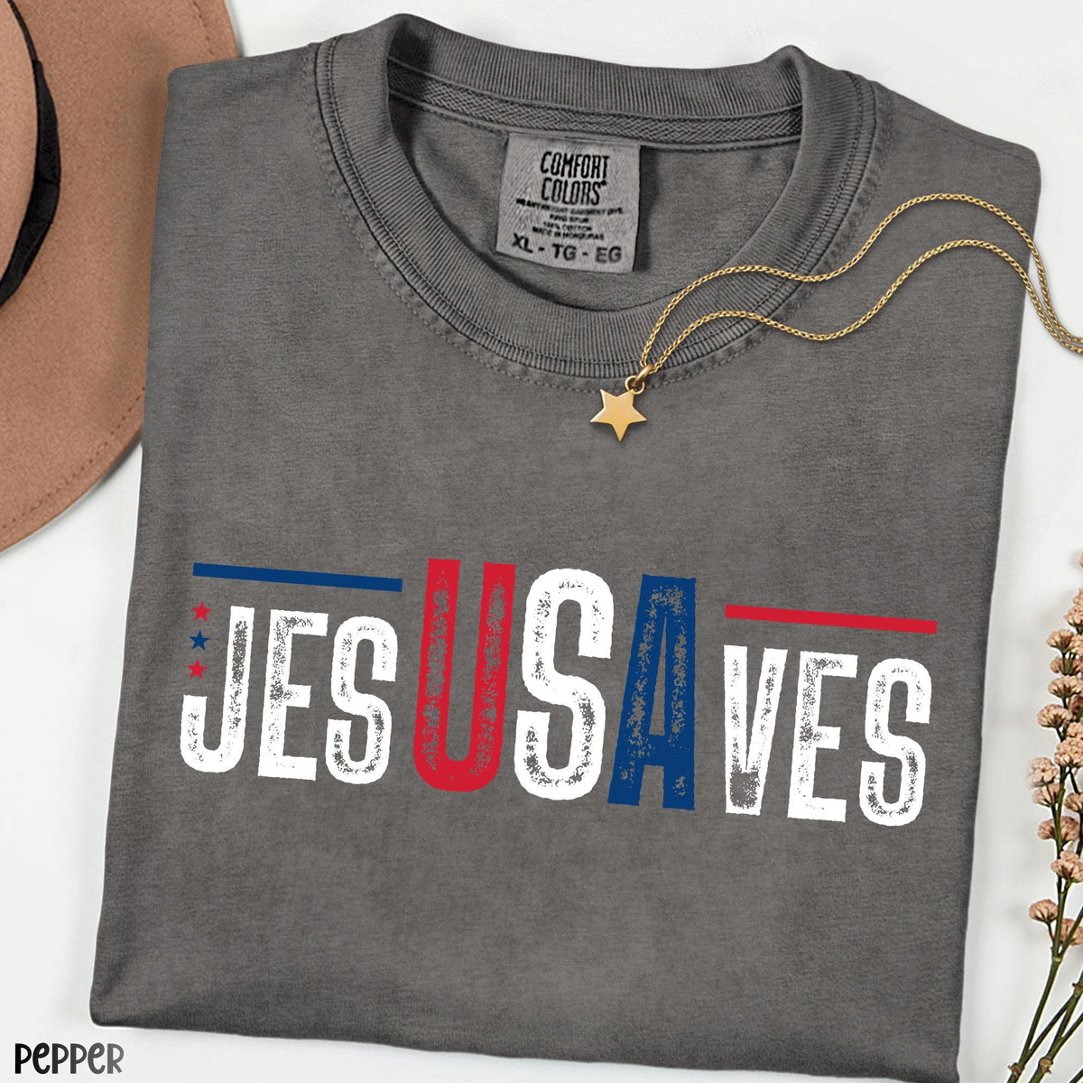 Jesus Saves USA Shirt, JesUSAves Christian Patriotic Tee, Comfort Colors® American Flag Cross T-shirt, 4th of July Religious Gift Tee