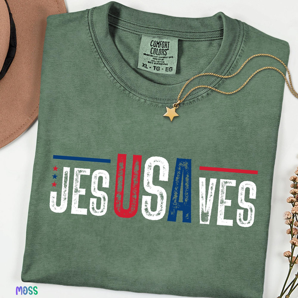 Jesus Saves USA Shirt, JesUSAves Christian Patriotic Tee, Comfort Colors® American Flag Cross T-shirt, 4th of July Religious Gift Tee