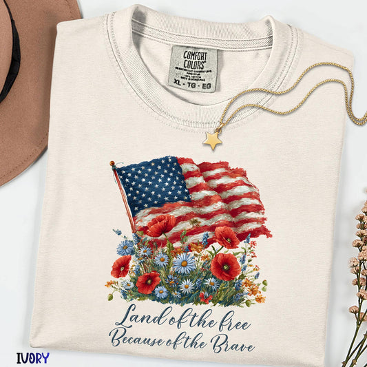 Land of the Free Shirt, Because of the Brave Patriotic Tee, Memorial Day 4th of July Independence Day USA Comfort Colors Tee