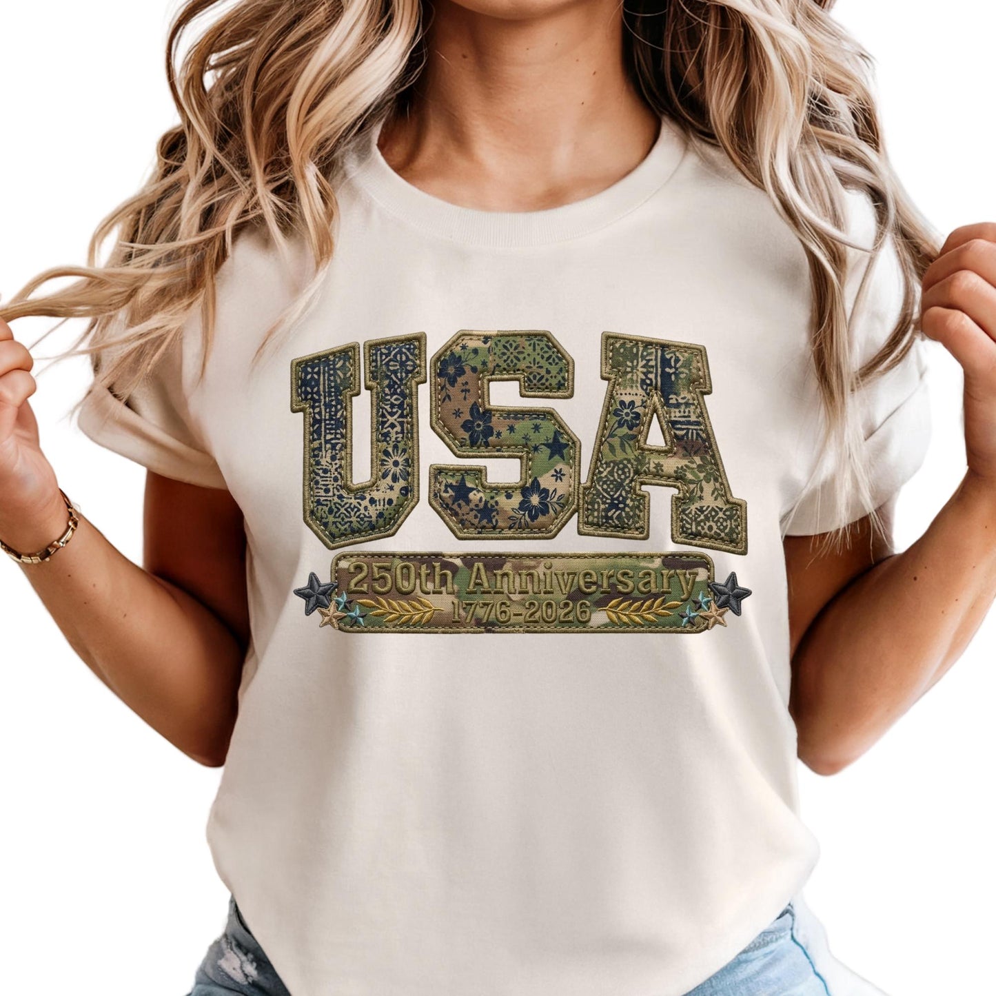 Comfort Colors® Camo USA Shirt, Embroidery-Look Print Patriotic America Shirt, 250th Anniversary Tshirt