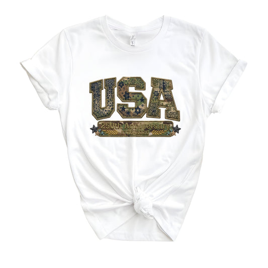 Camo Usa 250 Shirt, Faux Patchwork Independence Day Shirt, 250th Anniversary Shirts 4th of July Shirt Patriotic Gift