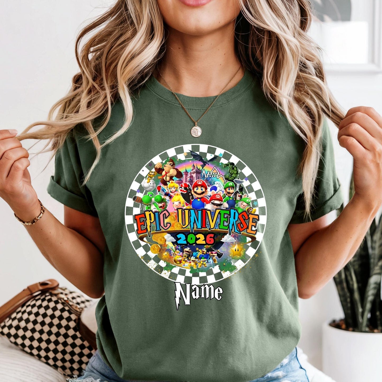 Personalized Epic Universe 2026 Family Trip Shirt Checkered Mario Tee