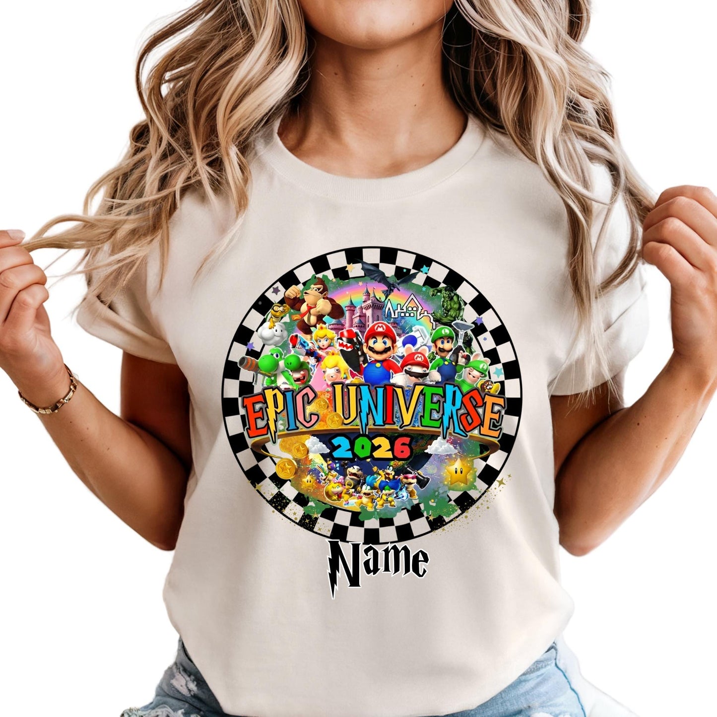 Personalized Epic Universe 2026 Family Trip Shirt Checkered Mario Tee